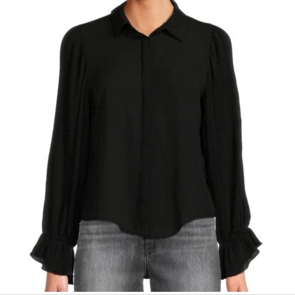 Area Stars Lee Blouse Pleated Puff Sleeve Button-Down Top, Black, Size XS NWT